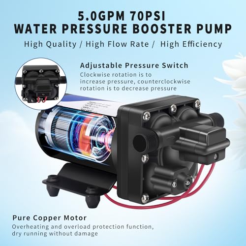 12V DC RV Water Pump Water Pressure Booster Pump for Home 5.0GPM 70PSI Marine Boats Washdown Pump Self (98.72 Ounce)