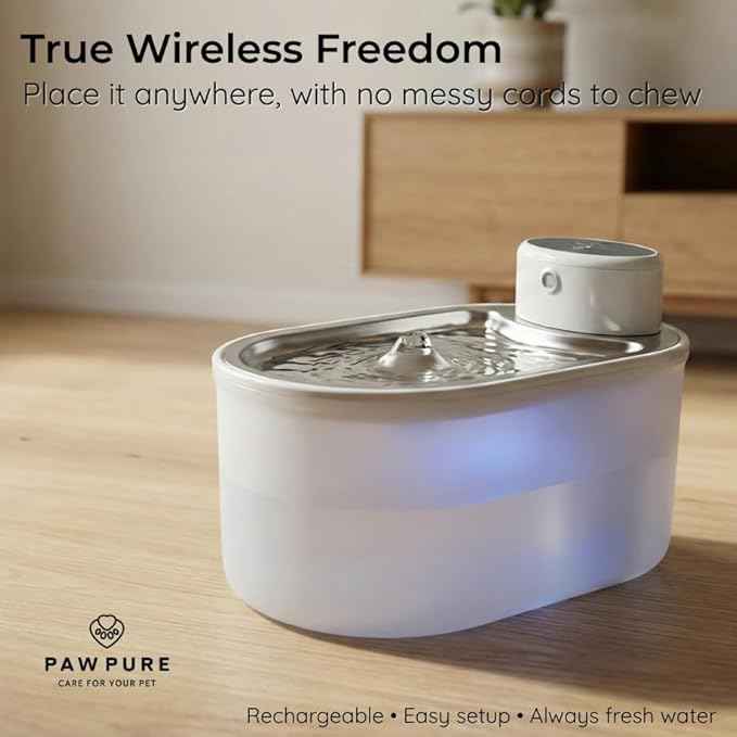 Wireless Cat Water Fountain 3L/108oz, Cordless Battery‑Operated Pet Fountain with Stainless Steel Drinking Tray, Quiet 20 dB Automatic Modes, BPA‑Free Easy‑Clean Water Dispenser for Cats & Small Dogs