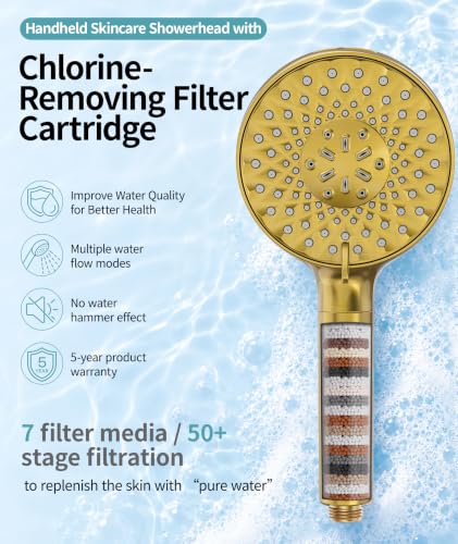 Filtered Shower Head with Handheld High Pressure 9 Spray Mode Showerhead Detachable Shower Head Water Softener Filters Beads for Hard Water Remove Chlorine 4 Filters Brushed Gold