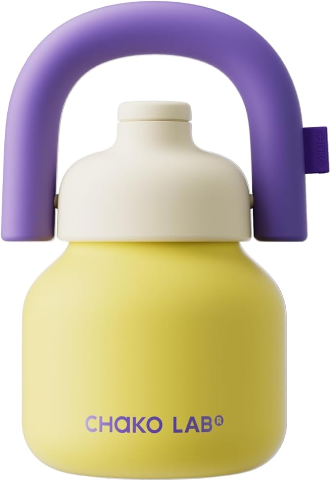 CHAKO LAB Water Bottle with Straw and Carry Handle | Wide Mouth vacuum Ceramic Liner | Reusable, leak-proof and BPA-free | 33oz(Yellow&Purple)