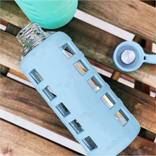 40oz / 32oz / 22oz / 12oz Borosilicate Glass Water Bottle with Time & Volume Markers, Silicone Sleeve, Stainless Steel Lid | Reusable Glass Bottle for Water & Juice (22oz Ice Blue)