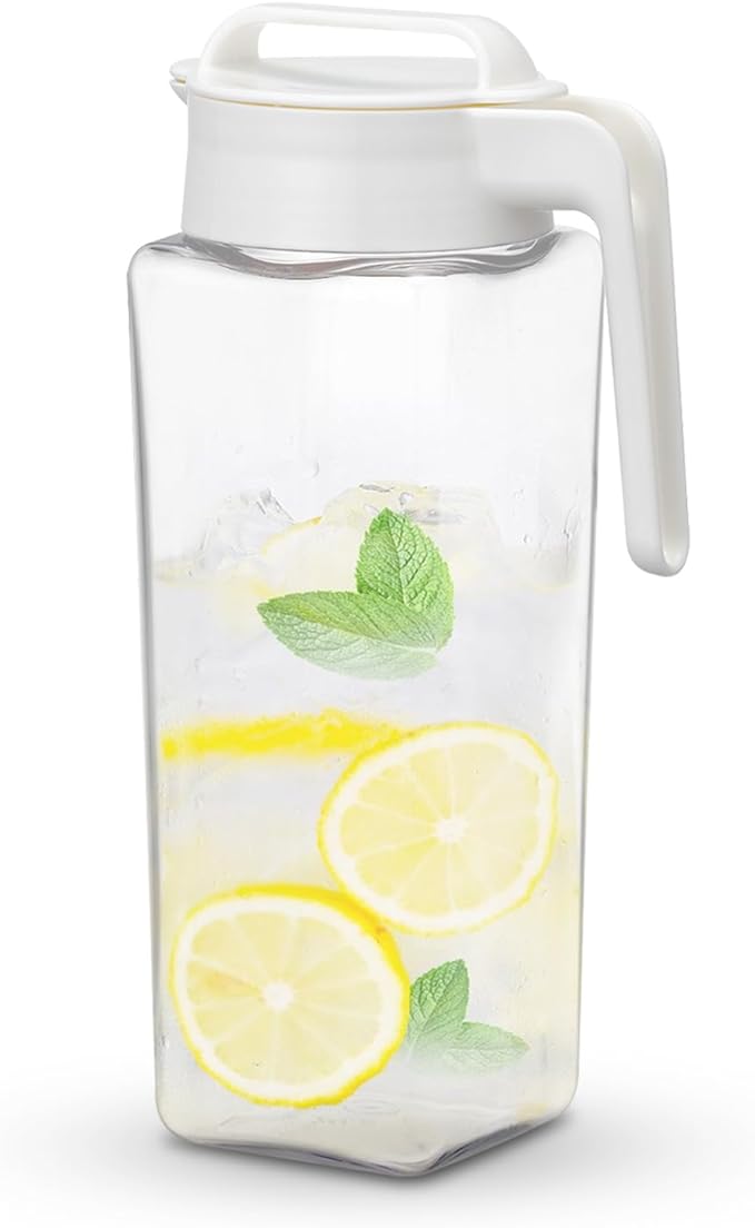 Lustroware TwistServe Airtight Pitcher - 2.1L (70oz), Heat Resistant, BPA-Free SAN Plastic, Screw-On Lid, Space-Saving, Made in Japan - White
