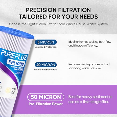 50 Micron 10" x 4.5" Extra Coarse Pleated Sediment Filter for Well Water (2 Count)