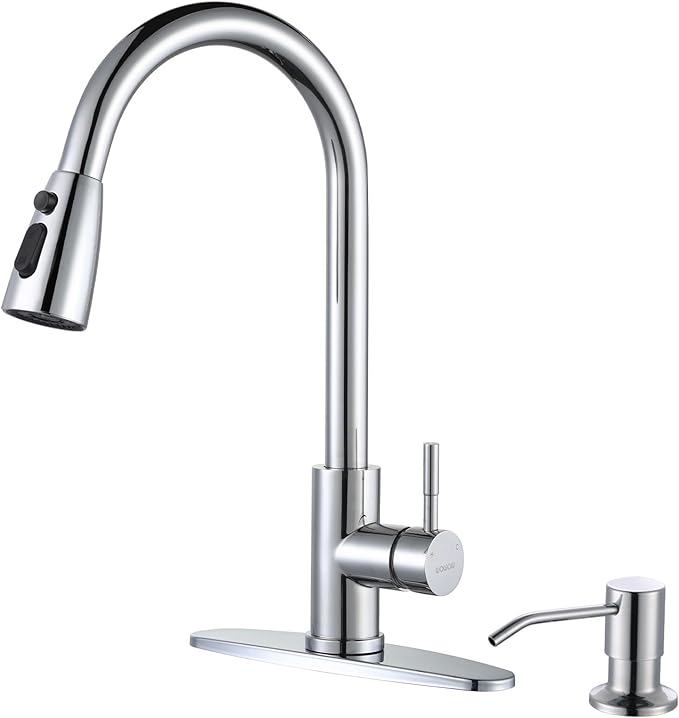 Chrome Kitchen Faucet with Soap Dispenser, WOWOW Stainless Steel Faucet for Kitchen Sink 2 or 4 Hole, High Arc Single Handle Pull Down Kitchen Faucet for Sink, RV, Laundry, Bar