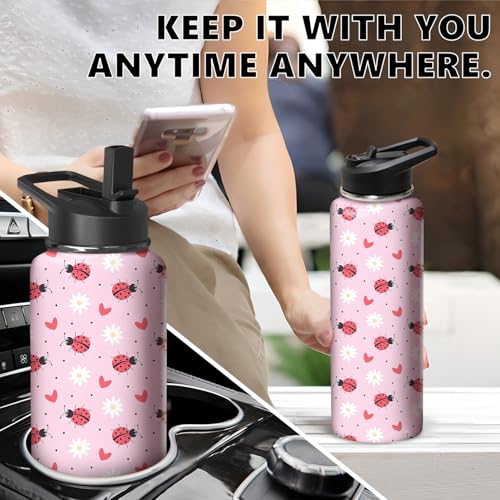 40oz Ladybug Water Bottle with Handle and Flip Straw