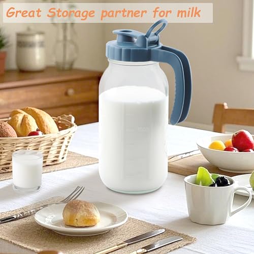 Mason Jar Pitcher 2 Quart With Pour Spout Lids 64 OZ Wide Mouth Water Pitcher Airtight And Leakproof Glass Carafe With Handle And Flip Cap For Milk