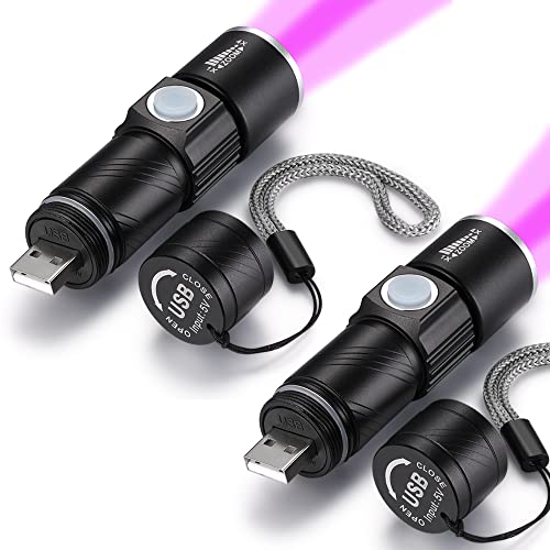 UV 395nm USB Rechargeable Flashlight Ultraviolet led Light Blacklight Portable 400nm Mini Detector for Dog Urine Pet Stains (2 Count)