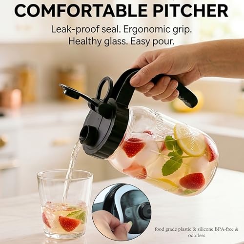Glass Mason Jars Pitcher 32 Oz Pour Spout Lids & Handle (2 Count)