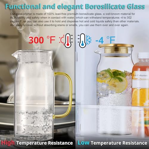 2 Pack 2 Liter 68 oz 2.1 Qt Gold Glass Pitcher with Lid and Handle (2 Count)