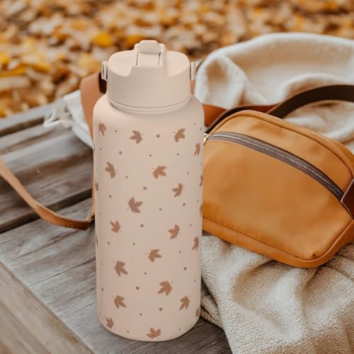 Maple Leaf Water Bottle 32oz Stainless Steel with Lid & Straw