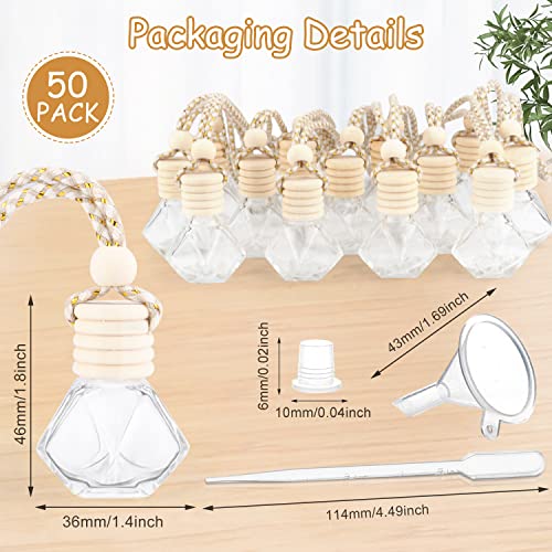 50 Pcs/Set,8ml Hanging Car Air Freshener Diffuser,Empty Clear Glass Essential Oil Fragrance Perfume Diffuser Pendant Glass Vials with Wooden Caps & Hanging String,Diamond Shaped Style (50 Count)