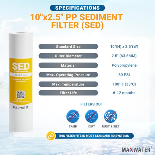 10 Pack of 10 Micron 10" x 2.5" Inch Polypropylene Sediment Filters compatible with 10" Standard RO Reverse Osmosis and WH Whole House Systems