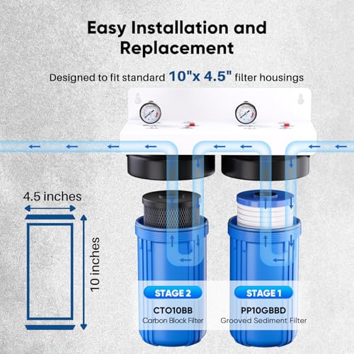 5 Micron 4.5"x10" Whole House Water Filter Combo Kit with Grooved Sediment and Activated Carbon Block Filter