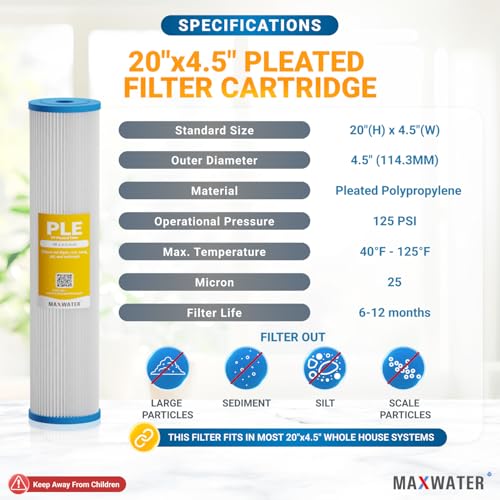 20 x 4.5 Whole House 1 Stage PP Pleated Sediment Filter System w