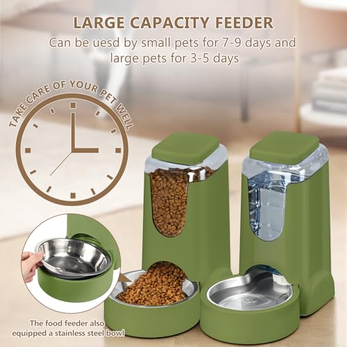 Portable Automatic Cat Feeder and Water Dispenser with Stainless Steel Bowl Dog Gravity Food Feeder and Waterer for Small Medium Pets Puppy Kitten 1 Gallon x 2