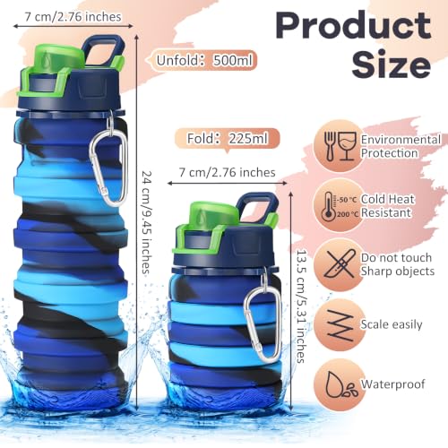 14Pack Collapsible Water Bottles Bulk with Hook17oz (14 Count)
