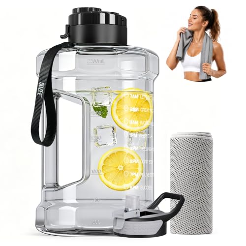 Large Water Bottle with Motivational Time Marker & Straw & Handle