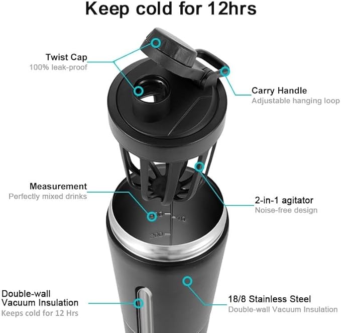 Protein Shaker Bottle Insulated Stainless Steel 20oz + 4oz Storage, Leak-Proof Noise-Free BPA & Phthalate-Free Design for Gym Fitness Travel