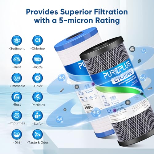 5 Micron 4.5"x10" Whole House Water Filter Combo Kit with Grooved Sediment and Activated Carbon Block Filter