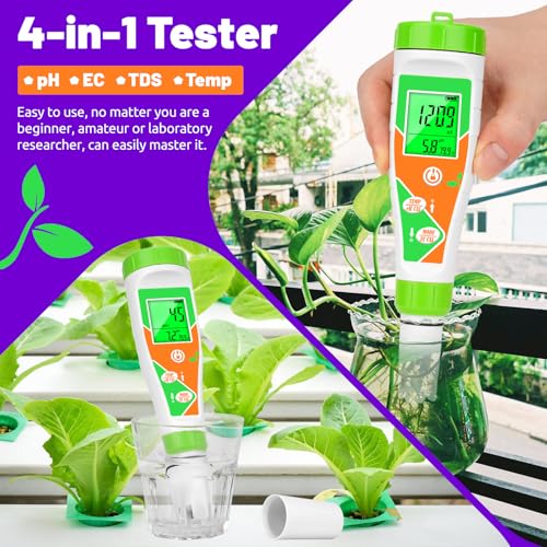 pH Meter for Water Hydroponics Nutrient 4 in 1 Digital EC pH TDS Temp Meter for Water System PPM and EC Water Tester for Hydroponics
