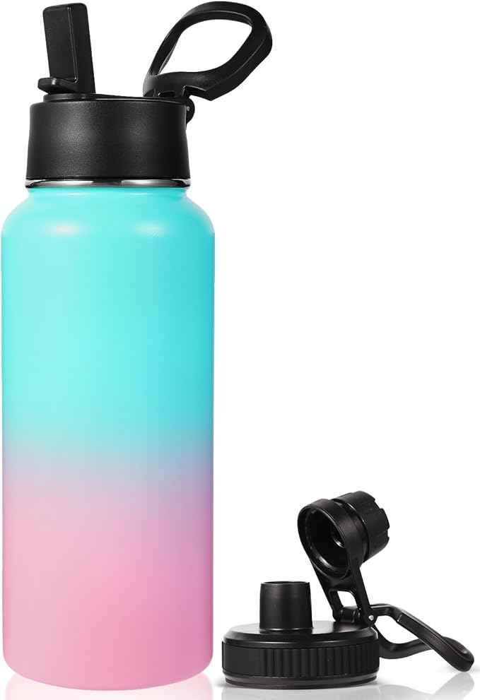 Neihepal 32 oz Insulated Water Bottle with 2 Lids (Straw & Spout Lid), 18/8 Stainless Steel Double Wall Water Bottles for Gym, Travel, Camping, Sports (Green Pink,1 Pack)