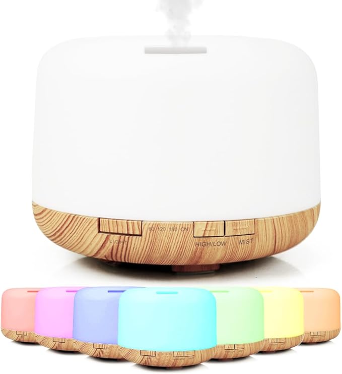 500ml Premium Essential Oil Diffuser,Quiet 4-in-1 Ultrasonic Aromatherapy Humidifier,7 Color LED Lights,with Adjustable Automatic Timer Off Function and Spray Mode. (Light Woodgrain)