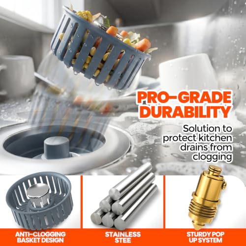 3 in 1 Kitchen Sink Drain Strainer Stopper Basket Pop Up Silver (2 Count)
