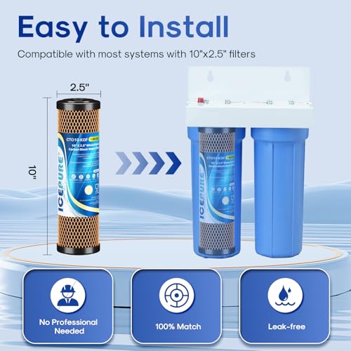 1 Micron 2.5" x 10" Whole House Water Filter Coconut Shell Activated CTO Carbon and KDF Cartridge for Home (3 Count)