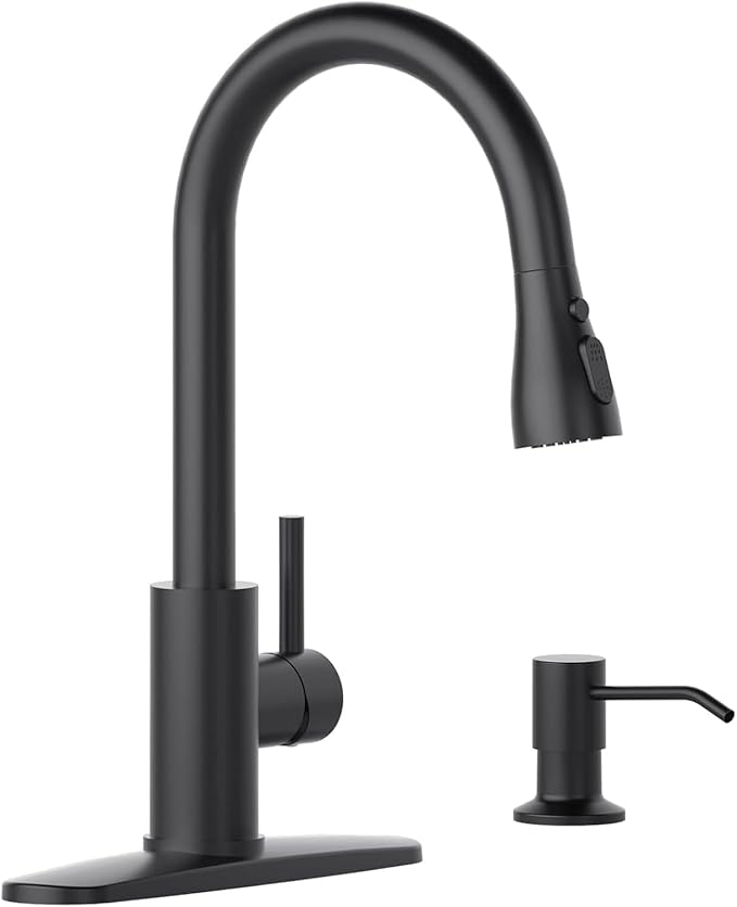 APPASO Black Kitchen Faucet with Soap Dispenser, Matte Black S304 Stainless Steel Modern Sink Faucets with Pull Down Sprayer 3 Modes, High Arc Single Handle Non Leakage, Easy to Install