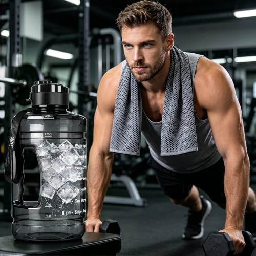 Large Water Bottle with Motivational Time Marker & Straw & Handle