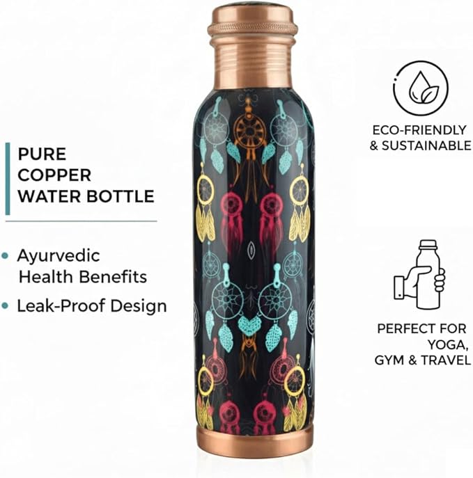Pure Printed Copper Water Bottle - Leak Proof Ayurvedic Drinkware Copper Vessel for Sports, Gym, Outdoors, Yoga, Health Benefits