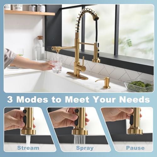 Brushed Gold Drinking Water Faucet 3 in1 Commercial Style Pull