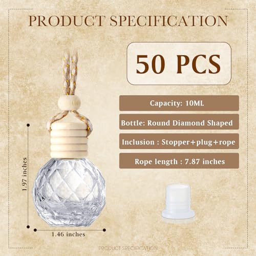 50 Pcs Hanging Car Air Freshener Car Diffuser Bottles Empty Glass Perfume Bottle Freshener Diffuser Bottle Pendant for Essential Oil Fragrance Aromatherapy Ornament (50 Count)