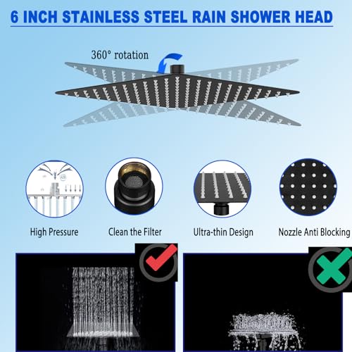 6'' Square High Pressure Rain Black Shower Heads with Handheld Spray Combo. Equipped with 78" Leakproof Hose