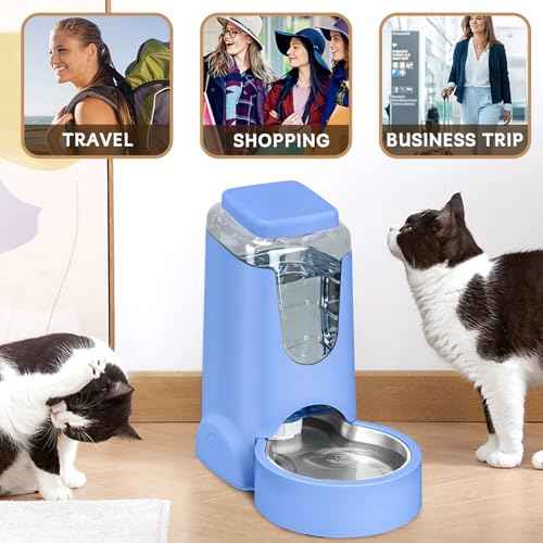 Portable Automatic Cat Feeder and Water Dispenser with Stainless Steel Bowl Dog Gravity Food Feeder and Waterer for Small Medium Pets Puppy Kitten 1 Gallon x 2