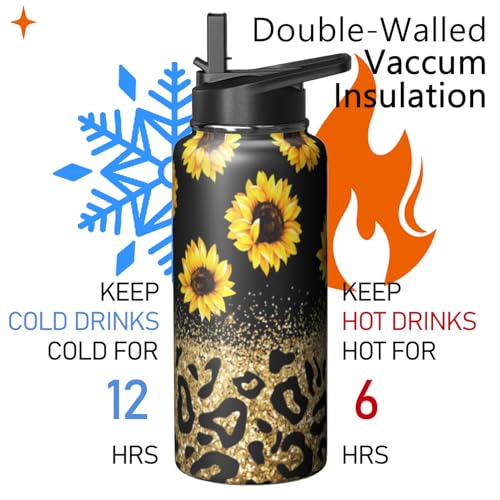 32oz Leopard Sunflower Water Bottle with Handle and Flip Straw