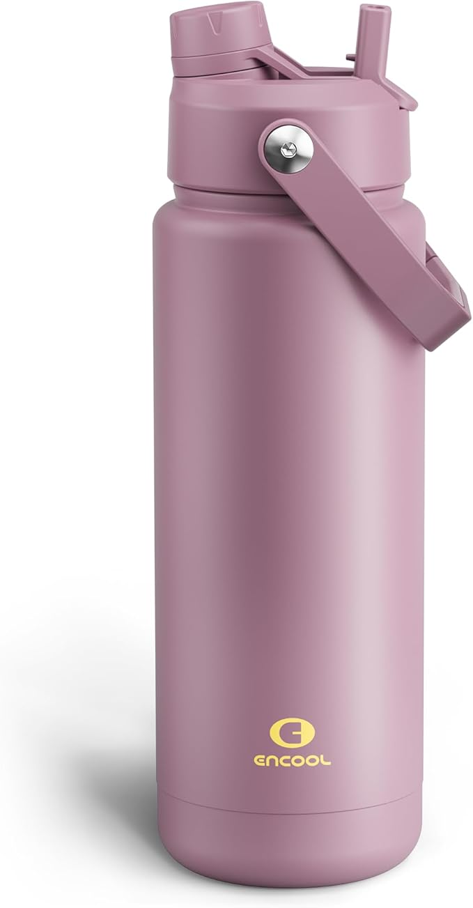 ENCOOL Insulated Water Bottle with Straw Stainless Steel Water Bottle, Leak-Proof, BPA-Free, Double Wall Vacuum Keeps Cold for 24 Hours for Sports, Travel, School (32 oz, Mountbatten Pink)