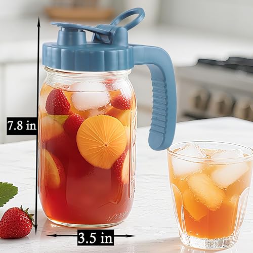 Mason Jar Pitcher 32 OZ With Pour Spout Lids 1 Quart Wide Mouth Water Pitcher Airtight And Leakproof Glass Carafe With Handle And Flip Cap For Milk