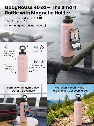 GadgHouse 40oz Stainless Steel Water Bottle with Magnetic Phone Holder