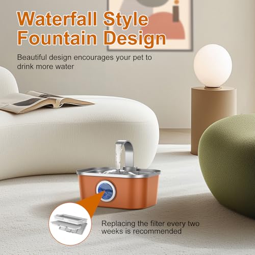 Automatic Stainless Steel Water Fountain for Cat & Dog in Amber Orange 124oz (124 Fl Oz)