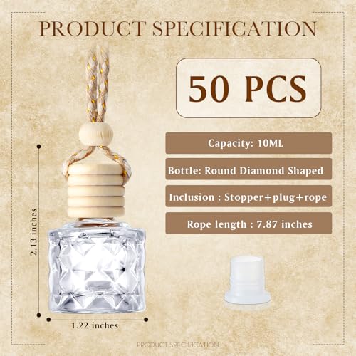 50 Pcs Hanging Car Air Freshener Car Diffuser Bottles Empty Glass Perfume Bottle Freshener Diffuser Bottle Pendant for Essential Oil Fragrance Aromatherapy Ornament (50 Count)