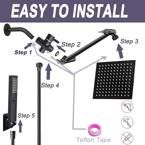 12" High Pressure Square Rain Shower Head and 2