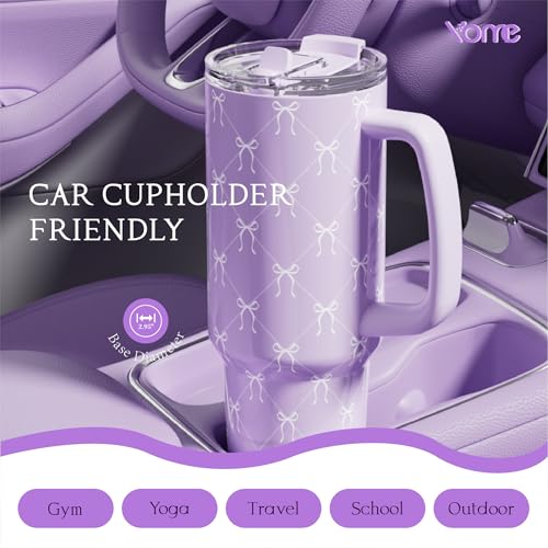 40oz Elegant Purple Bow Tumbler with Handle and Flip Straw