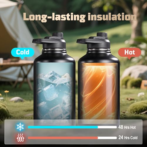 64oz Tactical Insulated Water Bottle with 3 Lids & MOLLE Pouch