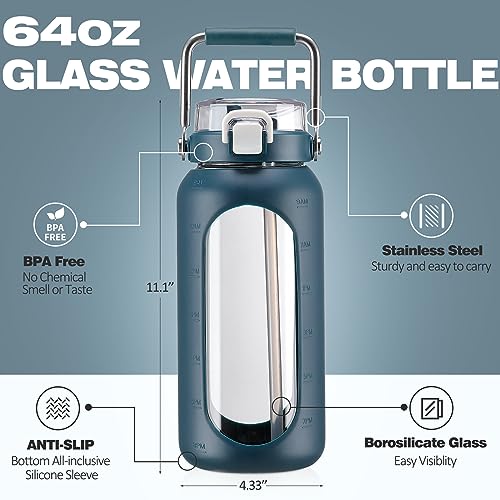 64oz Water Bottle Glass with Stainless Steel Handle Large Water Bottle with Time Markers and Silicone Sleeve Half Gallon Water Jug BPA Free for Gym Daily Use