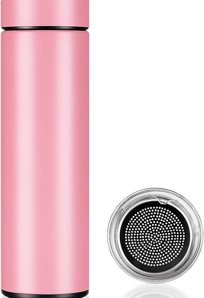 Stainless Steel Vacuum Insulated Water Bottle with Filter Lid, Slim Design (pink)