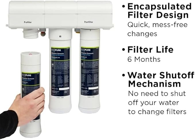 EcoPure ECOP30 Premium Reverse Osmosis System – Under Sink Drinking Water Filter System – NSF-Certified – Reduces Lead, Chlorine, and TDS –Bottled-Quality Water – Easy Filter Changes