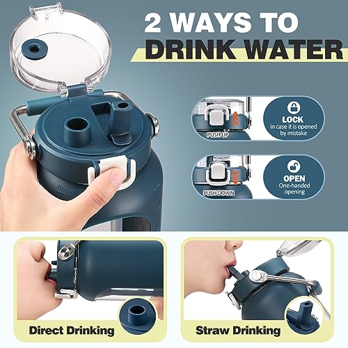 64oz Water Bottle Glass with Stainless Steel Handle Large Water Bottle with Time Markers and Silicone Sleeve Half Gallon Water Jug BPA Free for Gym Daily Use