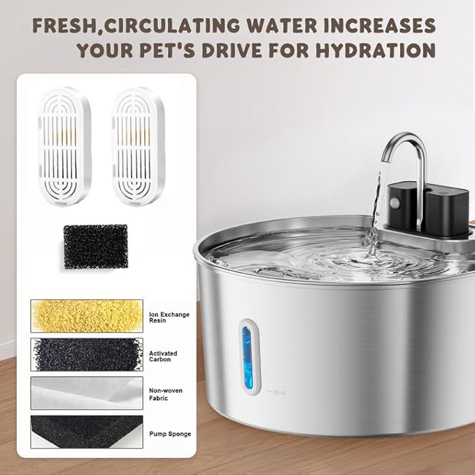 Casfuy PWL-009 Wireless Smart 3 Water Modes Stainless Steel Dog Water Fountain, 237-oz