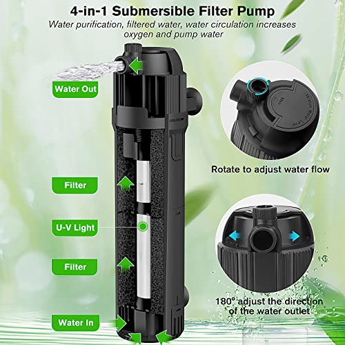 4-in-1 Submersible U-V Filter Pump, Internal Green Water Killer with Timer, 210GPH 8W Adjustable Fish Tank Filter, Increase Oxygen for 40-80 Gallon Aquarium Tank